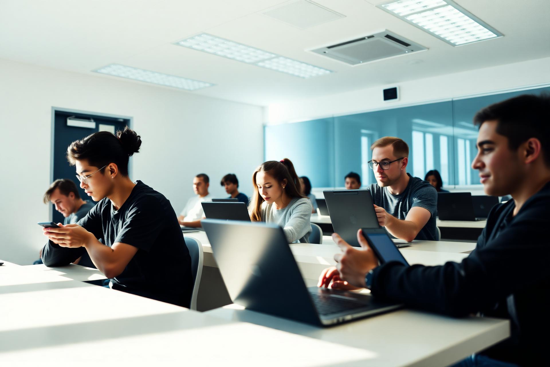 Students and teachers using modern classroom technology